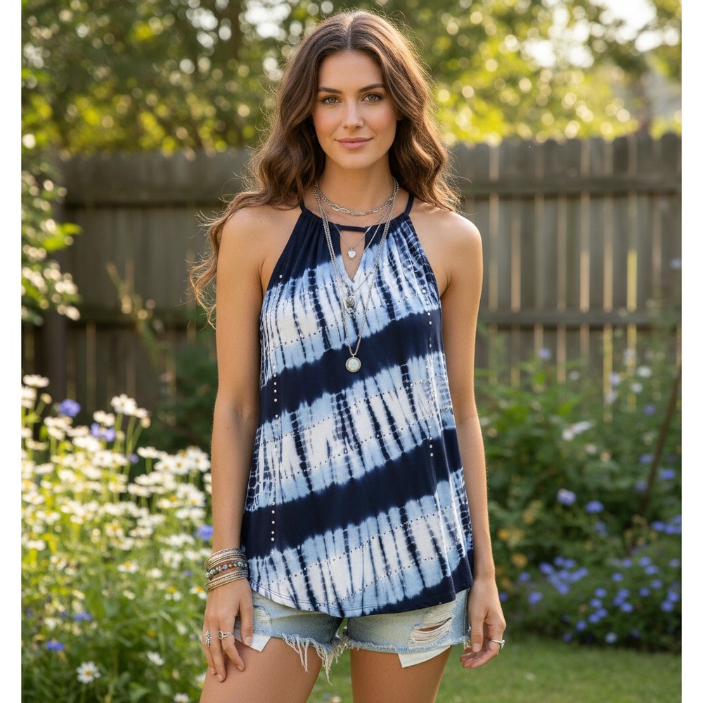 INC Tank Top Halter Blue White Tie Dye Beaded Boho Hippie Coastal Indie Retro M